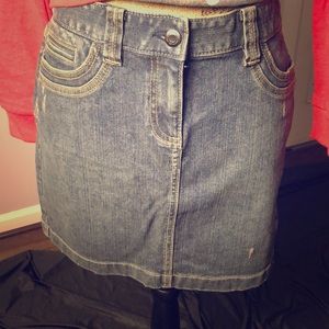Ann Taylor distressed denim mini skirt